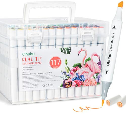 Ohuhu Markers 117 Colours, Water-Based Dual Tip Colouring Pens for Anime and Manga, Sketching, Drawing, Art Markers Set with 1 Colourless Blender and Storage Base, Odourless