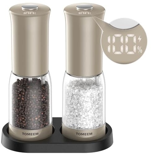 Electric Salt and Pepper Grinder Set with LED Power Display, Larger Capacity Rechargeable Salt and Pepper Set with Storage Base, LED Light, Adjustable Coarseness, Ideal for Kitchen, Khaki