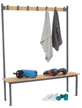 Changing Room Bench, Heavy Duty Powder Coated Steel Frame with Wooden Slats, 1500mm Wide Cloakroom Benches with Clothing Hooks for Schools, Gyms, Leisure Centres (Grey, Single Sided)