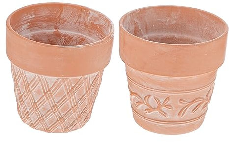 OFFSCH Pot De Fleurs en Terre Cuite Sculpté pour Plantes Et Cactus, Intérieur Balcon, Lot De 2 Pièces Décoratives, Taille Moyenne, Couleur Terre Cuite Naturelle