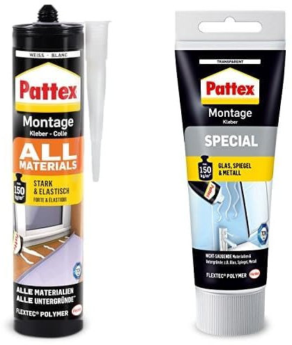 Bundle aus Pattex Montagekleber All Materials 1x450g + Pattex Montagekleber Special 1x 80g, stark haftender Alleskleber für saugende und nichtsaugende Materialien, innen & außen, transparent