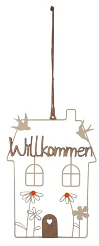 UNUS Willkommensschild Haus, Aufhänger aus Metall, 30 cm hoch, Creme | mit Blumenmuster, für Eingangsbereich, Garten & Balkon