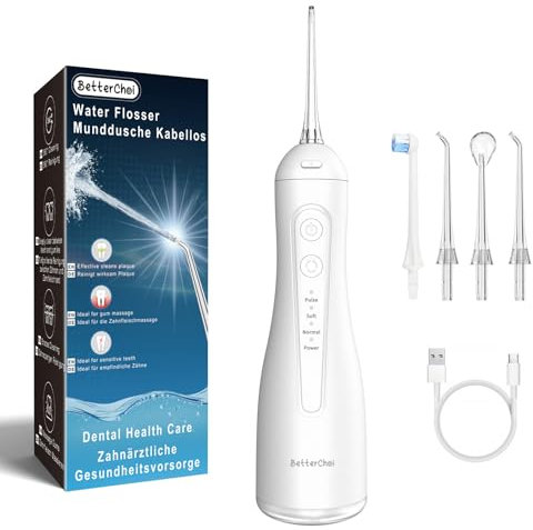 Betterchoi Water Flossers for Teeth, Portable Cordless Water Dental Flosser Teeth Pick – 4 Cleaning Modes, 1800 Pulses, 300ML Tank, IPX7 Waterproof, USB Type-C Charging for Home Travel, White