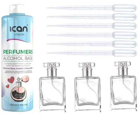 ICAN LONDON Perfume Making Kit with 500ml Base Alcohol, 3 Glass Spray Bottles 30ml, 6 Pipette Droppers 3ml
