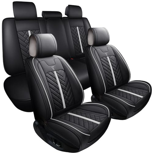 YOUXIU Autositzbezüge Komplettset Wasserdicht Kunstleder Auto-Schonbezüge | Seat Cover Schwarz-Weiß Kompatibel mit Den Meisten Limousinen und SUV Universel Sitzschoner