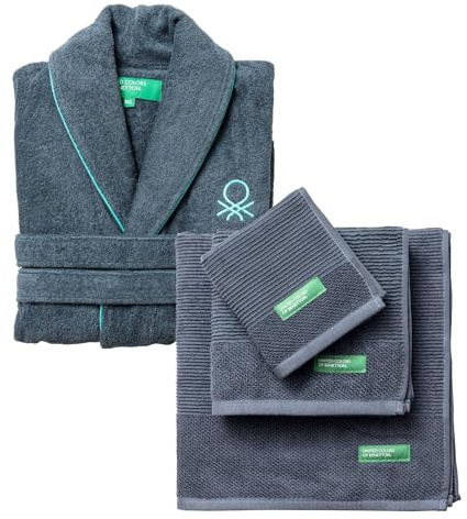 United Colors of Benetton Juego Albornoz Algodón 3 Toallas de Baño Gris Oscuro Benetton M/L Lot de 3 serviettes de bain 100% coton 450 g/m² Gris foncé 30 x 50 + 50 x 90 cm + 70 x 140 cm