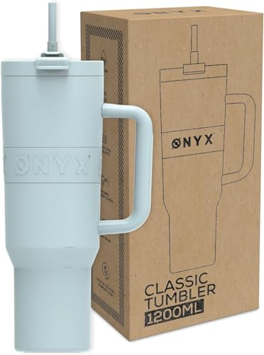ONYX Borraccia con cannuccia, thermos da 1,2 l, a prova di perdite, ideale per bevande calde e fredde, senza BPA, in acciaio inox con manico, blu Glacier