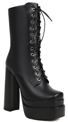 GHSIRUEU Stivali alla Caviglia da Donna con Tacco Grosso E Plateau Cerniera Stringati metà Polpaccio Stivali,Nero,43 EU