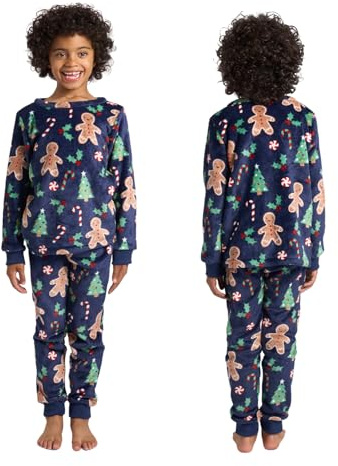OHS Kids Fleece Pyjamas Girls Boys Gingerbread Man Long Sleeve Pyjama Set of 2 Pullover Winter Fleece Nightwear Children Sleepwear PJs Set for Kids Age 7-8, Navy