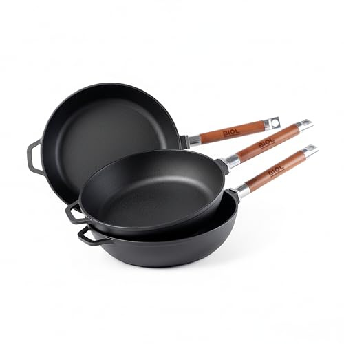 BIOL Gusseisen Pfannen Set 24 cm + 26 cm + 28 cm – 3-teilig – Mit abnehmbaren Holzgriffen – Für Induktion, Gas, Ceran, Grill & Backofen geeignet (Set 24/26/28 cm ohne Deckel)