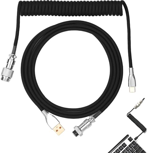 InYoHui Type-C Coiled Cable 1.8m Black | USB-A Adapter, Aviator Connector, Gaming Keyboard, Durable Build
