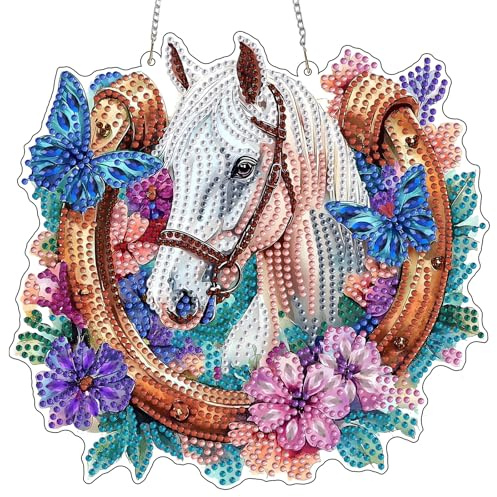 MOTGOM 5D Diamond Painting Anhänger Erwachsene Pferde und Blumen, Diamond Painting Sonnenfänger für Erwachsene, Hängendes Ornament Bastelset für Wand und Eingang Dekor 20x20cm