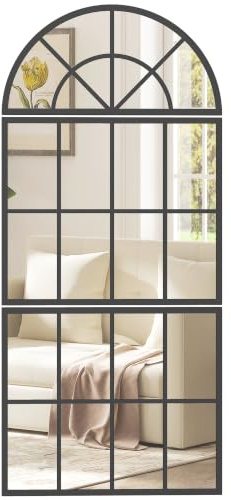 HOMCOM Modern Large Arched Wall Mirror with Metal Grid 120 x 54 cm Black | 3-Piece Split Window Mirrors, Tempered Glass, Window Decoration, Bedroom, Entryway