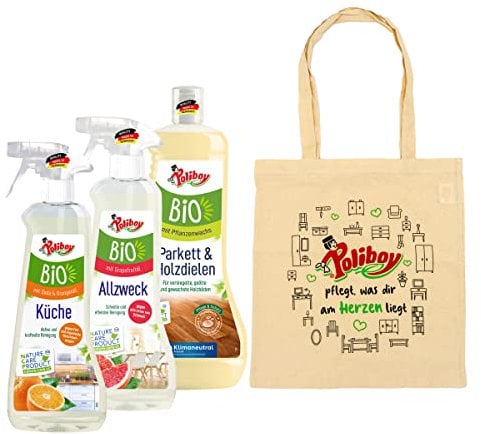 Poliboy Bio Parkett & Holzdielen Pflege (1000 ml), Bio Küchen Reiniger (500 ml) und Bio Allzweck Reiniger (500 ml) + Baumwolltasche - Vegan - Made in Germany