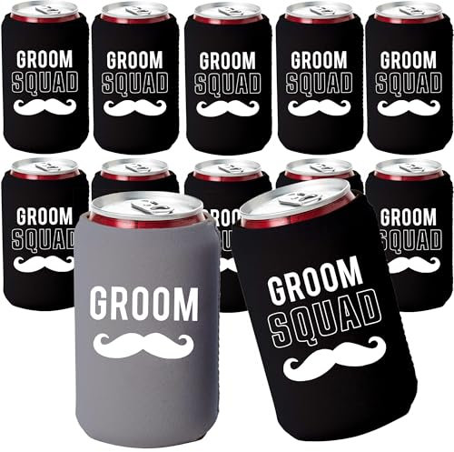 Your Dream Party Shop Bräutigam und Bräutigam Squad Bachelor Party Dosenkühler Set mit 12 Bierdosen Coolies, perfekte Junggesellenabschiedsparty-Dekorationen und als Bräutigams-Geschenk Grau