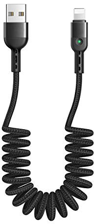 Coiled Cable for Apple Charger with Led Light, Spring Charging Data Transfer Compatible with iOS 10/11/12 iPhone Xs Max/Xr/Xs/X / 8/8 Plus / 7/7 Plus (6FT 1.8M, Black)