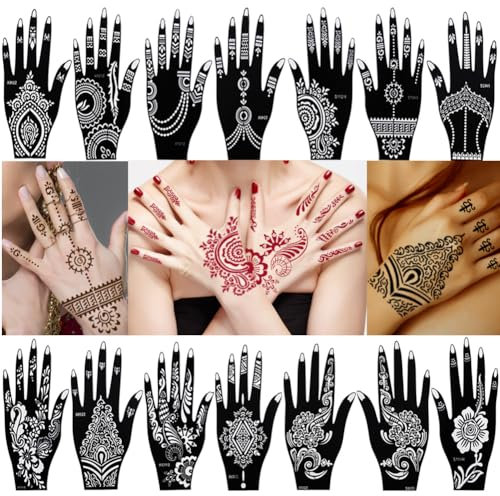 XMASIR 14 Sheets Temporary Tattoo Stencil Kit, India Glitter Tattoos Templates for Women and Girls Hands Finger Body Paint
