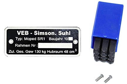 Typenschild für Simson SR1 mit Schlagzahlen und Kerbnägeln