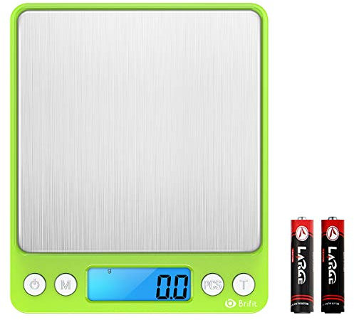 AMIR Digital Kitchen Scales, 3kg Stainless Steel Food Scales with 2 Trays, 0.1g / 0.01 oz Precise Graduation, Back-Lit LCD Display, Tare & PCS Features, for Kitchen, Ingredients, Jewellery, Green