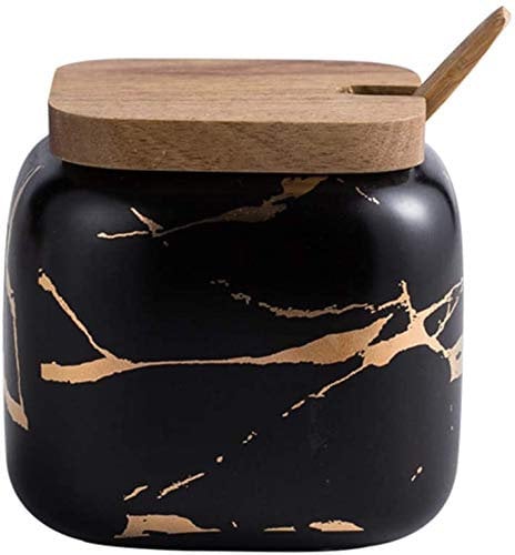 YDGHD Pot à sucre rétro en céramique avec couvercle en bois et cuillère, pour sucre, sel, épices, etc. 7,6 x 10,2 cm (noir)