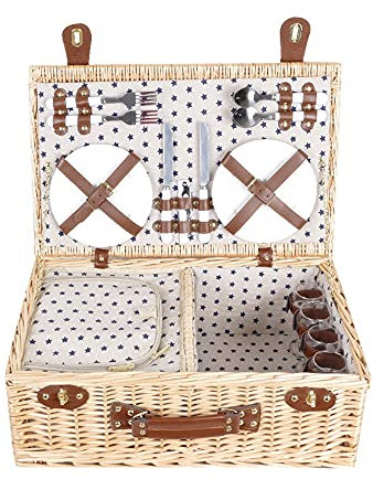 Willow Picknickkorb Set Für 4 Personen Mit Großer Isolierter Futtertasche Wicker Picknickkorb, Tragbare Picknicktasche Mit Deckel Picknickzubehör Für Camping Outdoor-B