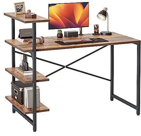 CubiCubi Small Computer Desk with Shelves 100x50x98 cm, Home Office Desk, Study Writing Office Table, 4 Tier Shelf, Brown