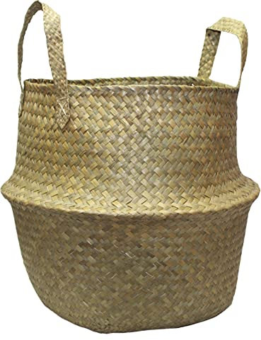 Muddy Hands Seagrass Belly Basket with Handles Natural Woven Foldable Laundry Storage Bag Planter Plant Pot Cover Holder (Large - 30x34.5cm)