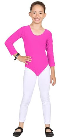 Hamishkane Gymnastikanzug für Kinder, Mädchen, Mikrofaser, Tanz, Gymnastik, Ballett, Langarm-Body, neon pink, 5-6 Years