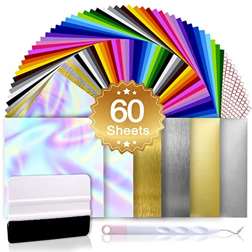 Permanent Vinyl Sheets 60 Pack - Adhesive Vinyl for Cricut 12 x 12, 50 Colors Vinyl Permanent Adhesive Bundle with Craft Tools and 10 Cricut Transfer Tape for Vinyl DIY Home Decor, Window, Cup