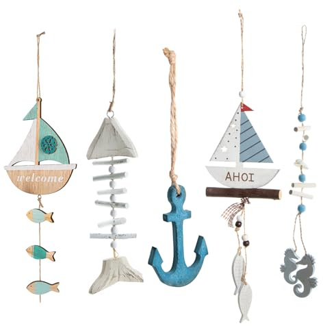 Logbuch-Verlag 5 Maritime Anhänger aus Holz Ostern Deko Anker Segelboot Fisch blau weiß Meer Badezimmer