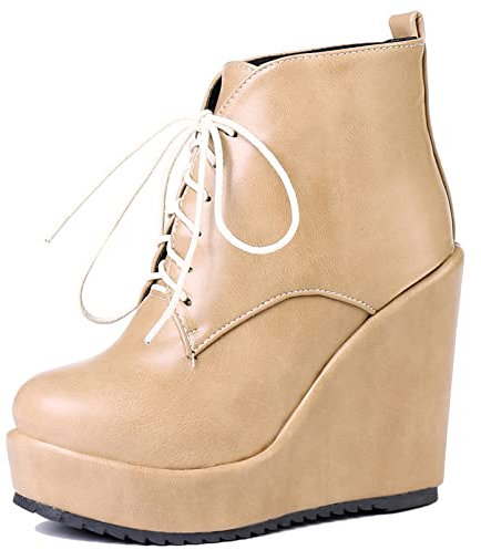 Diuniarza Stivaletti da Donna con Tacco Alto, Stivaletto Zeppa Cordoncino Punta Rotonda Polacchine Retrò con Plateau, 4524Hxx Beige/Br Numero 34 EU