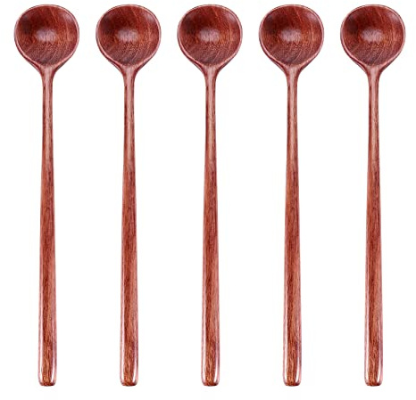 Tavrolet Long Spoons Wooden, 5 Pieces Korean Style 10.9 inches 100% Natural Wood Long Handle Round Spoons for Soup Mixing Stirrer Kitchen Utensils (Korean Style Soup Spoon)