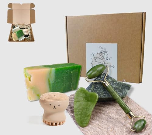 Jade Roller et Gua Sha 100%, Masseur visage et cou, Savon naturel Aloe Vera, Gua Sha, Apaise et détend la peau, Anti-rides pour tonifier et raffermir la peau, Nettoyant visage silicone