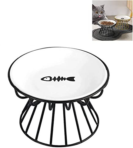 2023 New Whisker-Friendly Anti-Vomit Cat Plate Elevated Bowl-Raised Ceramic Cat Food Bowl with Metal Stand Food Water Anti Vomiting Shallow Ceramic Dish for Cat and Dogs (Black,Fish Plate)