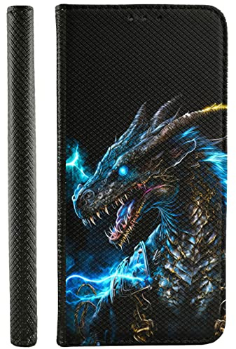 Handyhülle für Samsung Galaxy S7 Hülle aus Kunstleder zum klappen mit Motiv 3515 schwarzer Drache Hörner Blauer Schimmer