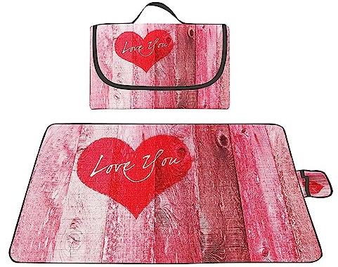 Yoonqun Picknickdecke 200x150cm,Wasserdicht Strandunterlage,Rotes Herz Stranddecke XXL Weiche Campingdecke mit Tragegriff Strandmatte für Park,Garten,Strand,Waschbar