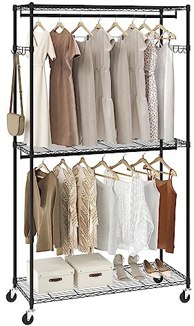 VEVOR 3-lagiger Rollbarer Kleiderständer Garderobenständer Kleiderstangen, 204 cm Höhe Stahl Kleiderständer 182 kg Belastbar, Strapazierfähig Ständer für Schlafzimmer, Wäscheraum, Ankleidezimmer usw.