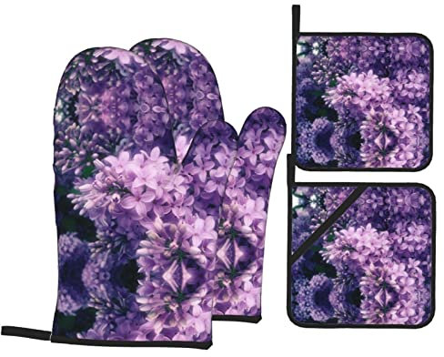 Ofenhandschuhe-Set mit 4 violetten Blumen aus Silikon, 2 isolierte Handschuhe und 2 Topfdeckel-Pads.