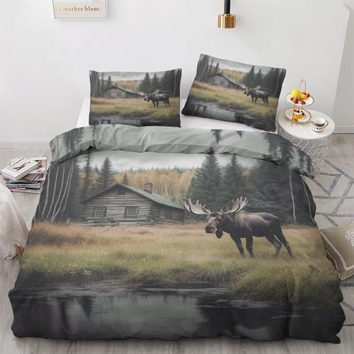 GEDAEUBA Bettwäsche 155x220 Elch - Western Bauernhaus Bettbezug 155x220 3 teilig, Wendebettwäsche und Kissenbezug 80x80, Weiche & Angenehme Mikrofaser Bettwäsche-Sets mit Reißverschluss