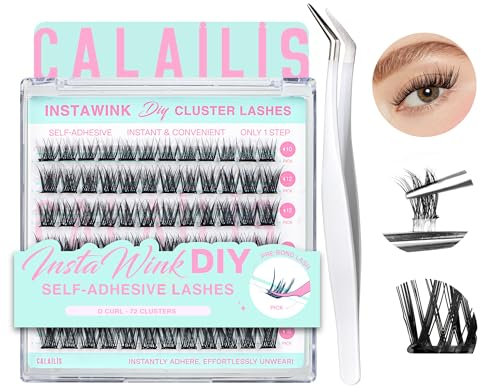CALAILIS Selbstklebende Wimpern 72 Stück D Curl Druck auf Kein Kleber erforderlich Einzeln Wimpern Vorgeklebt Wiederverwendbares Kleberfreies Wimpern-Cluster-Set mit Pinzette für Anfänger (ZBP10)
