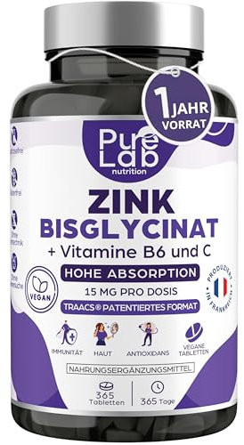 Zinc Bisglycinate + Vitamins B6 and C - 1 Year Supply, 365 Tablets - High Absorption - Immune System, Antioxidant, Skin - Lactose-Free, Gluten-Free - Made in France - Pure Lab Nutrition®