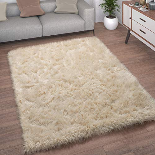 Paco Home Kunstfell Fellteppich Imitat Teppich Hochflor Sitzkissen Herzform Rund Fell Form, Grösse:120 cm Rund, Farbe:Creme