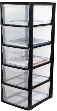 SIDSONS A4 Plastic Storage Drawers Unit 5 Drawers Tower Medium Slimline Tall for Home, School, Office, Bedroom & Living Room Garage With Clear Drawers Height 77cm Depth 35cm Width 29cm