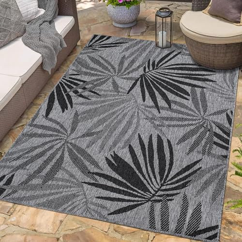 carpet city Outdoor Teppich Wetterfest 120x170 cm - Grau-Anthrazit - Wendeteppich, Beidseitiges Florales Muster - Balkonteppich Wasserfest Outdoor - Terrassenteppich