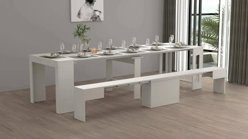 Dmora - Ensemble Table et chaises Crispin, Composition Polyvalente, Ensemble avec Console et 1 Banc Extensible, 100% Made in Italy, 66x25h45 cm, Blanc