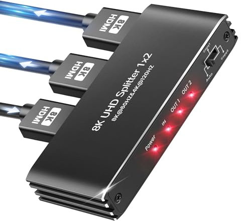 avedio links HDMI Splitter 1 in 2 Out, 8K@60HZ HDMI Splitter for Dual Monitors, 2 Port HDmi 2.1 splitter 4K 120HZ for Gaming Support 48Gbps, HDCP 2.3, RGB 4:4:4 (Mirror Only, Not Extend)