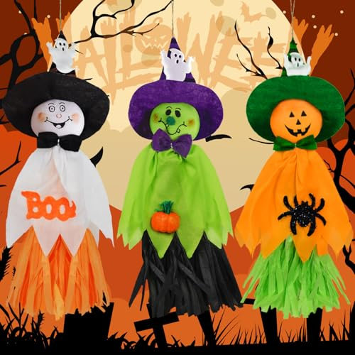 NLMWTI Decorazione per Halloween, 3 Pezzi Halloween Spaventapasseri da Appendere, Halloween Piccolo Spaventapasseri Autunnale per Giardino, Casa, Cortile, Decorazione del Portico