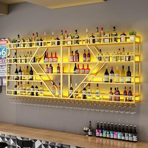 Wine Rack Wall Mounted Bar Shelves with Hanging Wine Glass Rack Liquor Bottle Display Shelf with LED Light Floating Bar for Wine Bottles Whiskey Shelf Alcohol Cabinet for Home Bar Cafe Dining Room(Gol