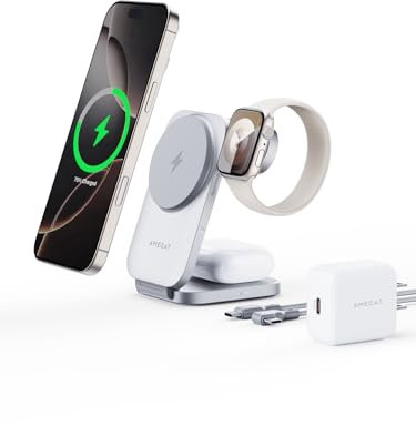 AMEGAT Ladestation 3 in 1 Qi2-Zert, 15W Faltbarer Ladegerät Kompatibel mit Magsafe, Wireless Charger für Apple Watch und iPhone 16/15/14/13/12 Serie, Kopfhörer Kabellos (Mit USB-C Ladegerät), Silber