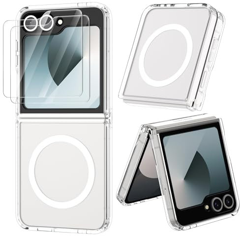 ORETECH Magnetica Cover per Samsung Galaxy Z Flip 7 FE, Cover per Samsung Z Flip 6 [2 x Pellicola Protettiva in Vetro Temperato] [Compatibile con Mag-Safe] Antiurto Cellulare Custodia- Trasparente